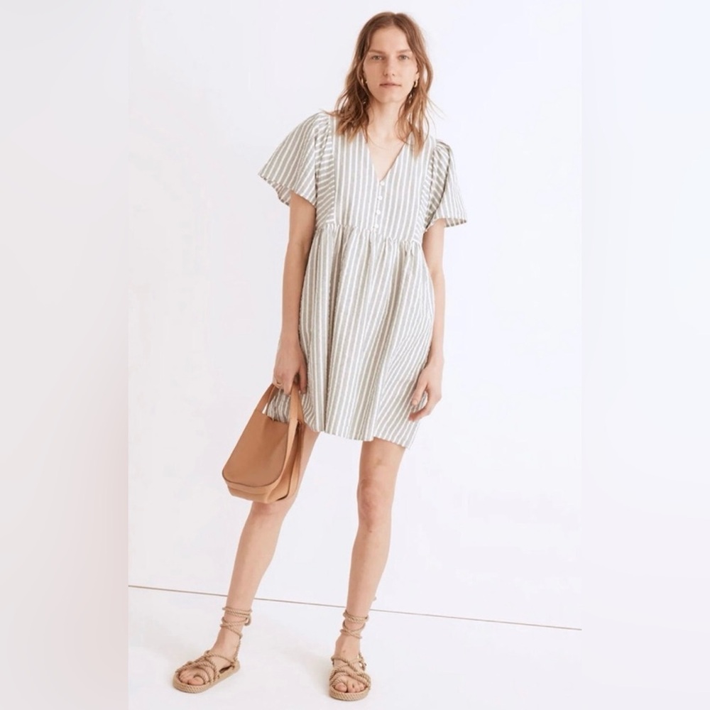 Madewell Seersucker Flutter-Sleeve Mini Dress Striped Sage Green Medium